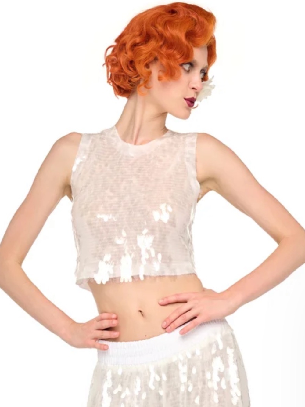 Norma Kamali Sequined Crop Tank Top - White